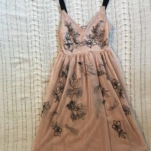 Express nude knee length dress with black lace